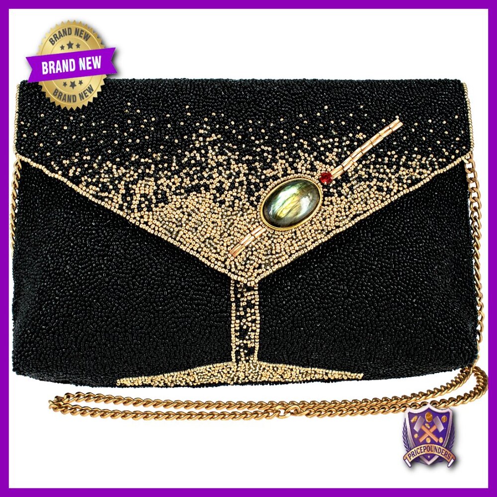 Beaded Crossbody Clutch Martini Glass Motif Evening Bag Removable Chain Strap